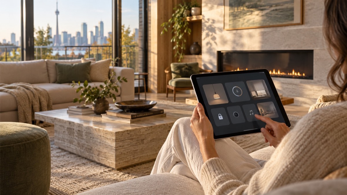 A contemporary living room with connected home controls